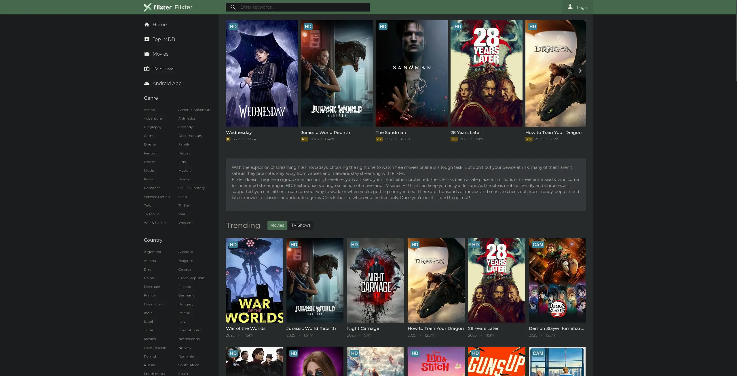 Page d'accueil du site de streaming  flixter - adresse officielle 2025