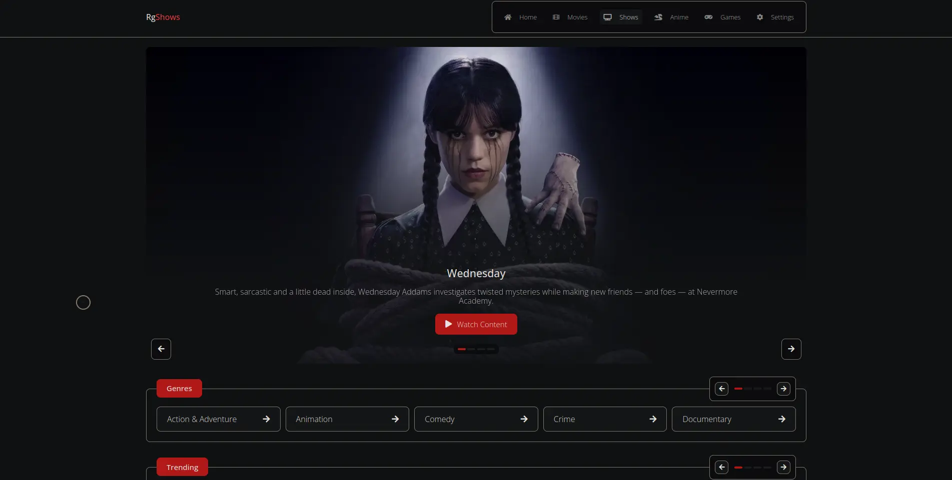 Page d'accueil du site de streaming  rgshows - adresse officielle 2025