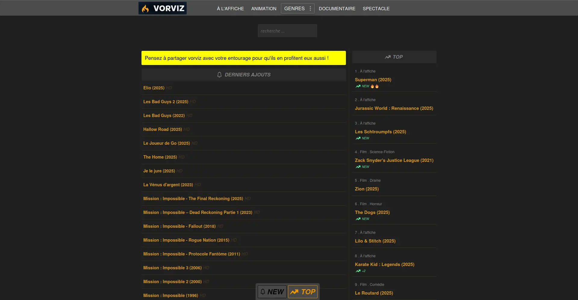 Page d'accueil du site de streaming vorviz - adresse officielle 2025