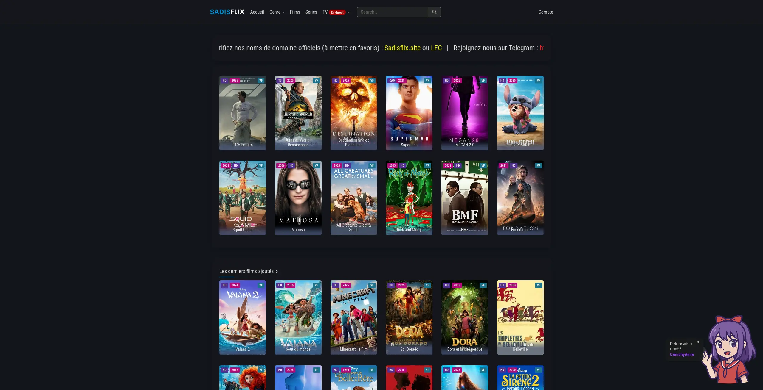 Page d'accueil du site de streaming  sadisflix - adresse officielle 2025